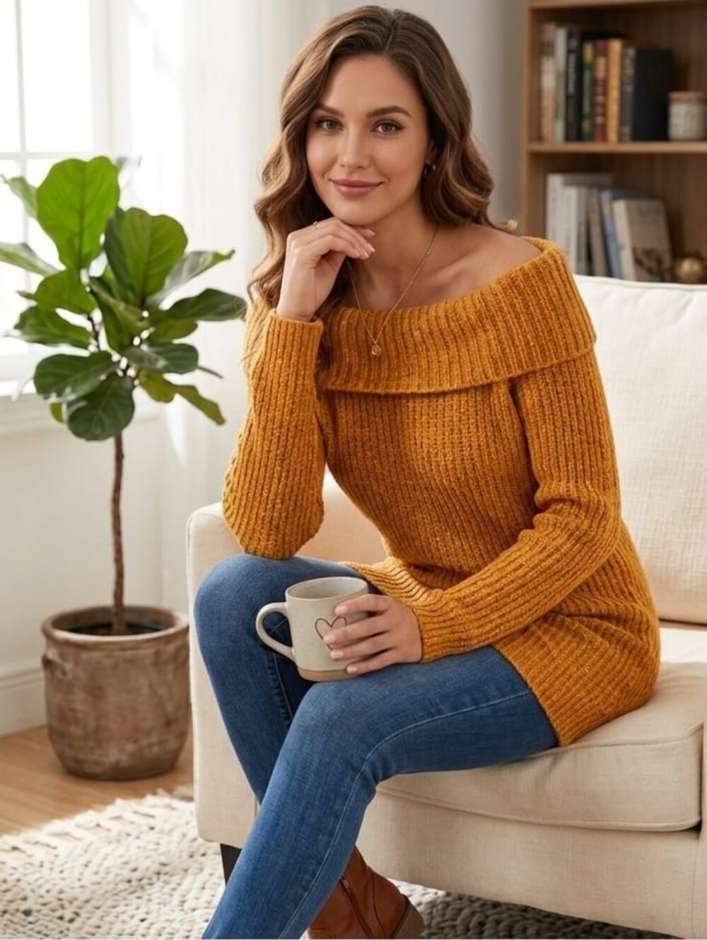 Forever 21 Off-the-Shoulder Ribbed Sweater Dress in Burnt Orange